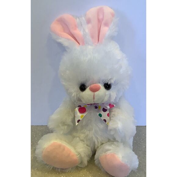 MEGA TOYS WHITE PINK BUNNY RABBIT PLUSH STUFFED ANIMAL POLKA DOT RIBBON TOY 12” - Picture 1 of 8